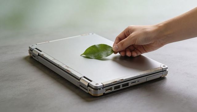 Hand lifting leaf from weathered laptop cover symbolizing sustainable tech and repair