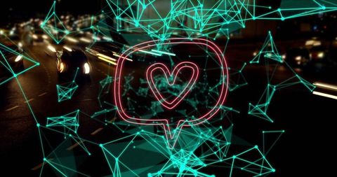 Neon Heart Chat Icon with Cyber Overlay on Urban Night Road