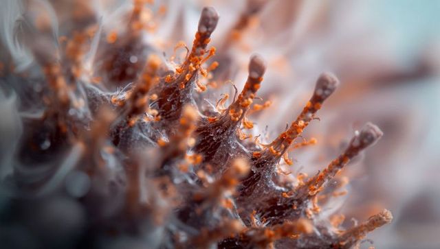 Macro fungi landscape showcasing filamentous hyphae with orange spore caps and soft bokeh