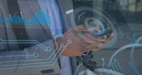 Businessman with Smartphone and Futuristic Digital Elements
