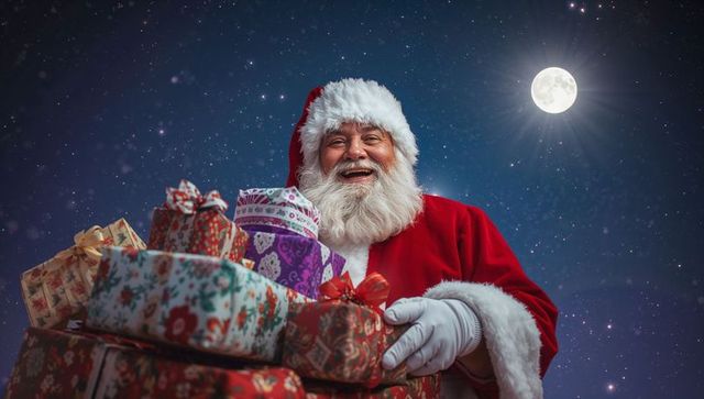 Joyful santa claus holding christmas gifts under starry night sky