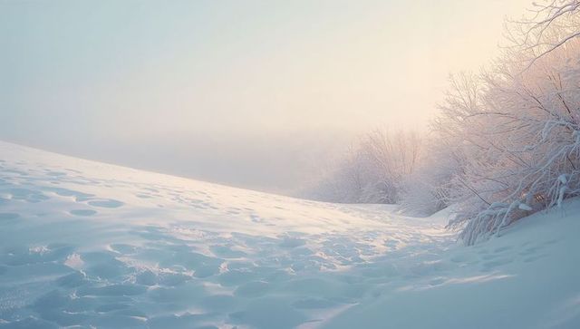 Pastel sunrise over snow-covered slope with frosted shrubs and tranquil winter landscape