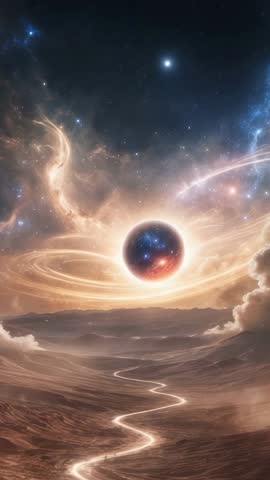 Vertical sci-fi loop glowing orb pulsing rings over alien canyon illuminating riverbed