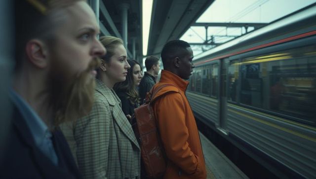 Commuter in Orange Coat Watching Train at Platform