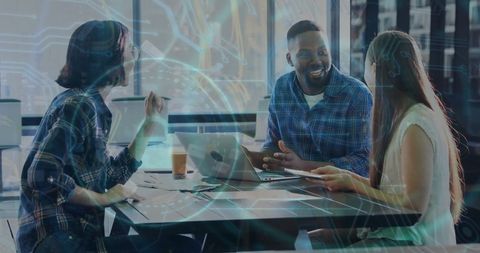 Diverse Team Discussing IT Innovations with Futuristic Overlay