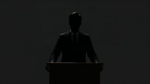 Silhouetted prosecutor speaker at dimly lit podium giving dramatic presentation