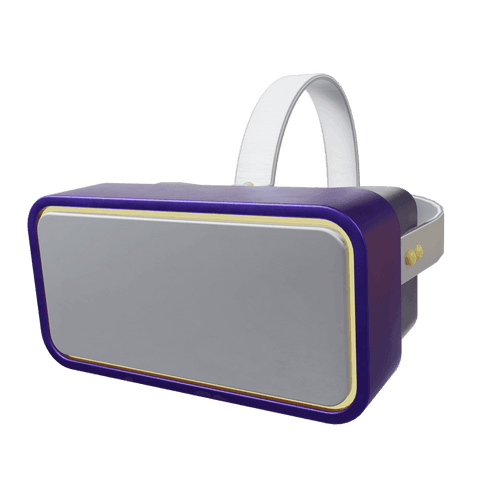 Transparent background 3d vr headset mockup with purple housing and gold trim