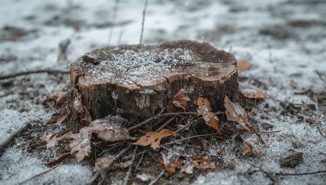 Weathered tree stump dusted with frost and fallen oak leaves on icy forest floor