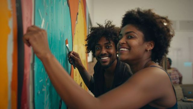 Creative duo painting colorful collaborative mural in studio