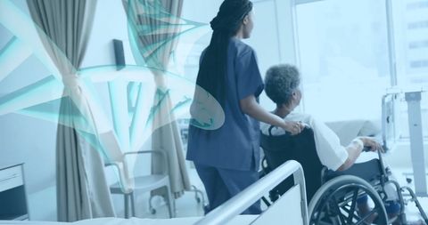 Nurse Assisting Patient in Wheelchair in Hospital Room