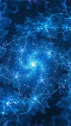 Pulsing Neural Web Spiral Loop with Electric Blue Filaments and Spark Nodes