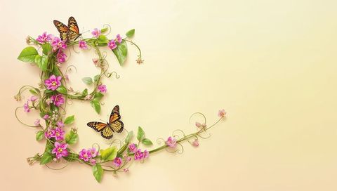 Elegant Floral 'E' with Butterflies and Vines on Pastel Background