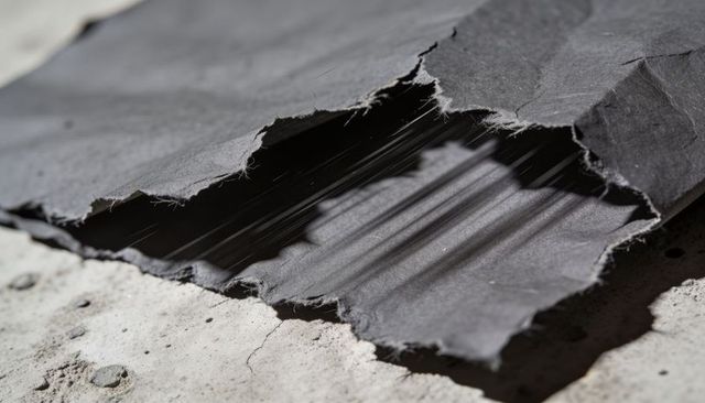 Torn Dark Cardboard Revealing Fibrous Strands on Concrete Surface with Strong Shadows