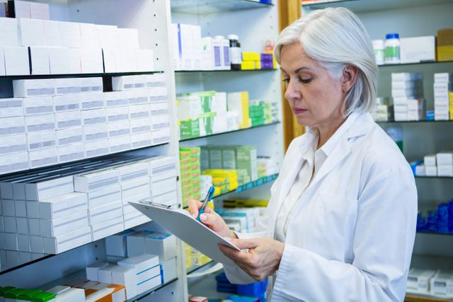 Senior pharmacist writing on clipboard in pharmacy. Shelves filled with medication boxes in background. Ideal for use in healthcare, pharmaceutical, and medical industry content, illustrating professional pharmacy services, medication management, and elderly professionals in healthcare.