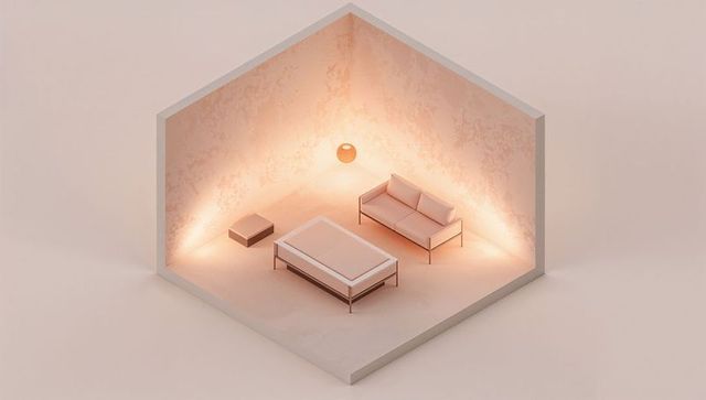 Minimalist hexagonal bedroom vignette featuring platform bed, sofa, warm uplighting