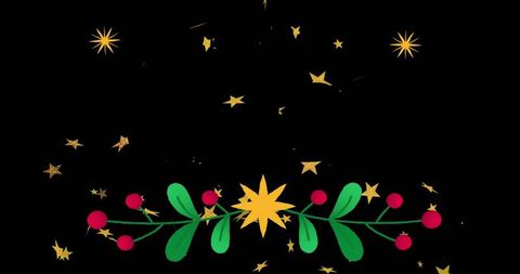 Decorating festive gold-star garland with green holly leaves and red berries on black