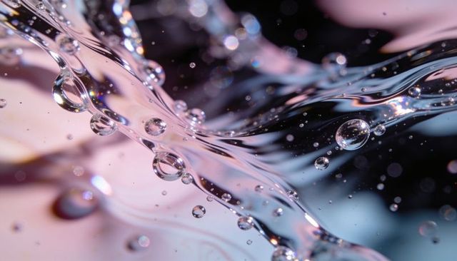 Iridescent liquid ribbon with suspended droplets, prismatic bokeh and glossy refraction
