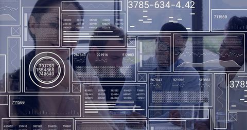 Businesswoman Leading Team Collaborating with Transparent Data Dashboards on Glass Wall