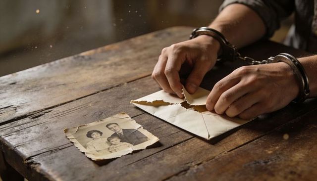 Handcuffed hands tearing envelope beside vintage family portrait on rustic wooden table