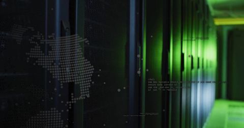 Server racks in data center with world map design