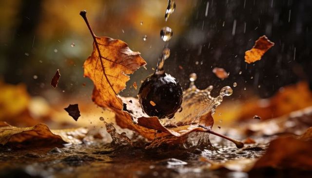 Dark nut splashing into puddle among golden autumn leaves with dramatic water droplets