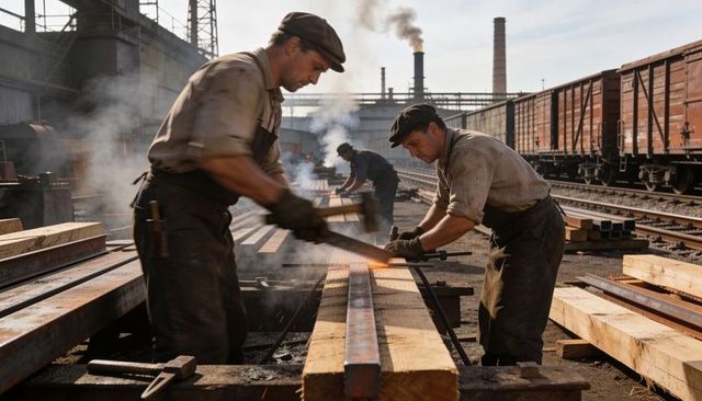 Vintage steelworkers forging hot rail with sparks flying at gritty outdoor railyard