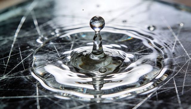 Crystal-clear droplet rising into column on scratched glass with rippling crown