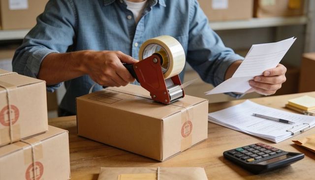 Hand sealing cardboard box with tape gun on e-commerce fulfillment table for order processing