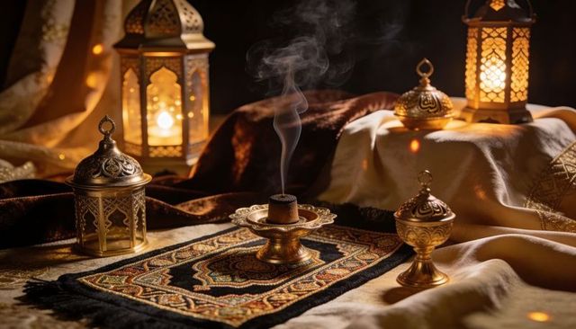 Smoldering mabkhara sending plume of incense smoke over embroidered runner with brass lanterns