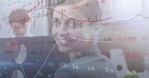Biz Woman with Stock Graph Overlay Symbolizing Financial Analysis