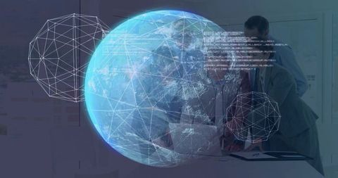 Executive team projecting holographic globe while collaborating on global digital strategy