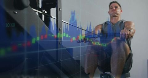 Athlete rowing on ergometer with candlestick chart overlay blending fitness and finance
