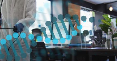 Office decontamination cleaning glass partition with DNA double helix decal using sprayer