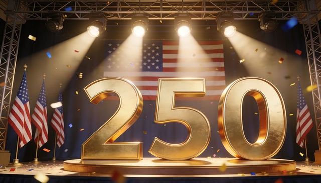Golden 250 milestone numbers shining on patriotic stage with american flags and confetti
