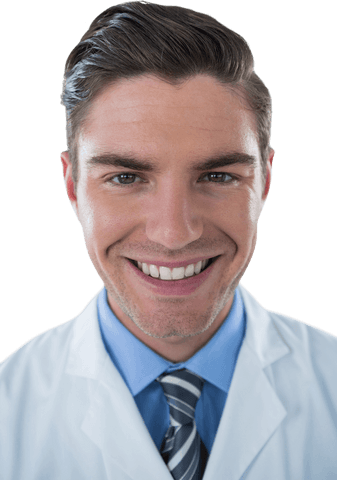 Transparent smiling male doctor close-up portrait in white coat