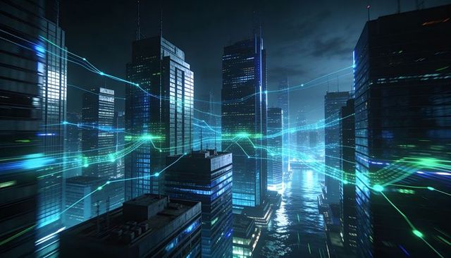 Neon data streams weaving through futuristic urban skyline over reflective canal at night