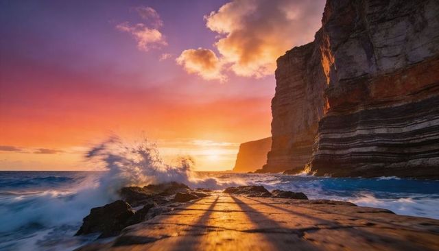 Sunset surf crashing on layered cliffs with leading wet rocky ledge and dramatic sky