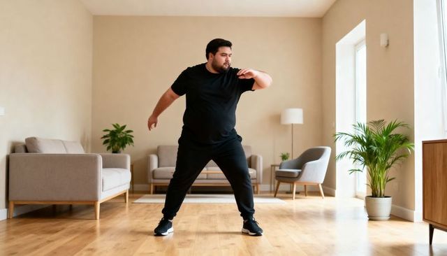 Adult man practicing wide-stance workout in bright minimalist living room