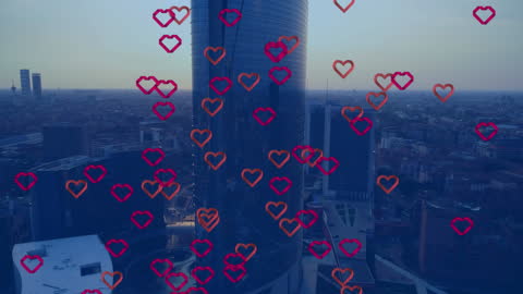 Floating Heart Icons in Urban Cityscape Transform Digital Connections