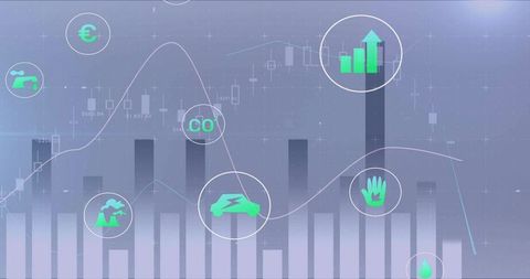 Neon sustainability finance dashboard showing CO2 EV euro metrics with candlestick charts