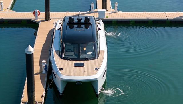 Sleek white motor catamaran mooring at sunlit marina with black hardtop and calm ripples