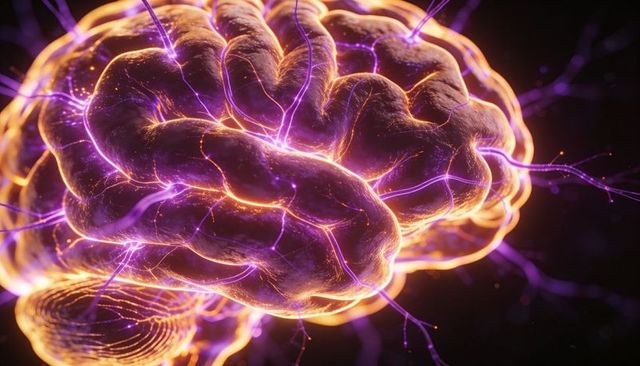 Pulsing neon brain with glowing synapses and purple filaments for ai and neuroscience