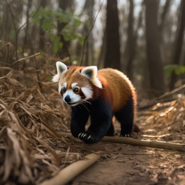 Close up of red panda walking in forest, created using generative ai technology. Animal, wildlife and nature concept digitally generated image.