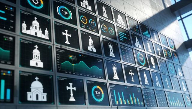 Church analytics video wall showing real-time dashboards and iconographic metrics