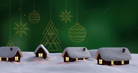 Festive Winter Wonderland Featuring Snow-Covered Cabins and Christmas Decorations