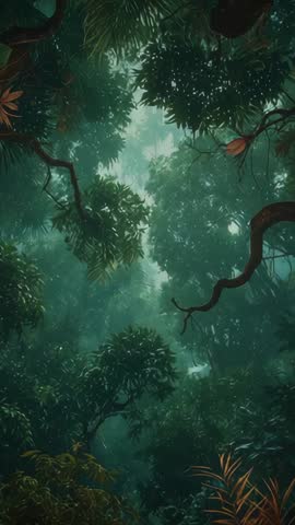 Opening jungle canopy revealing sunlit mist and swaying vines vertical tropical loop