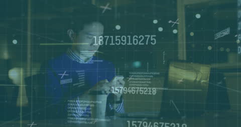 Businessman Engaging with Smartphone Amidst Financial Data Streams