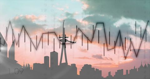 financial graph overlay on iconic urban skyline at sunset - Download Free Stock Images Pikwizard.com