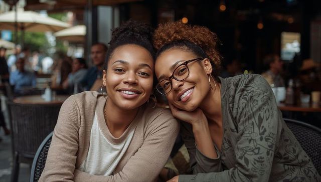 Smiling black women leaning together at outdoor cafe patio enjoying alfresco coffee