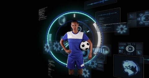 African American Female Soccer Player in Futuristic Digital Interface